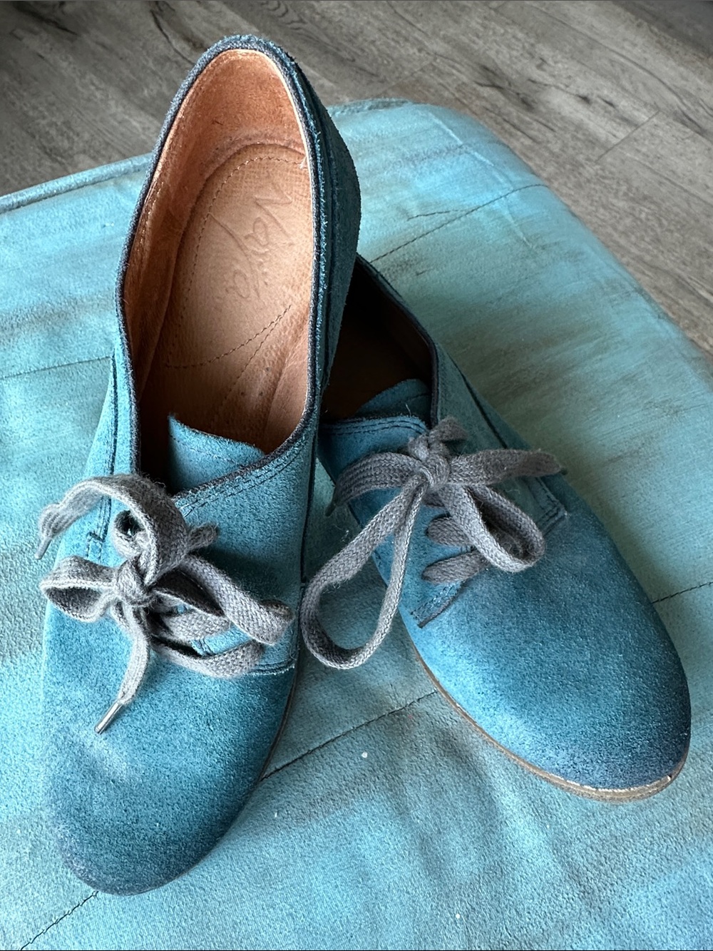 Naya Teal Suede Lace-Up Flats with Gray Laces